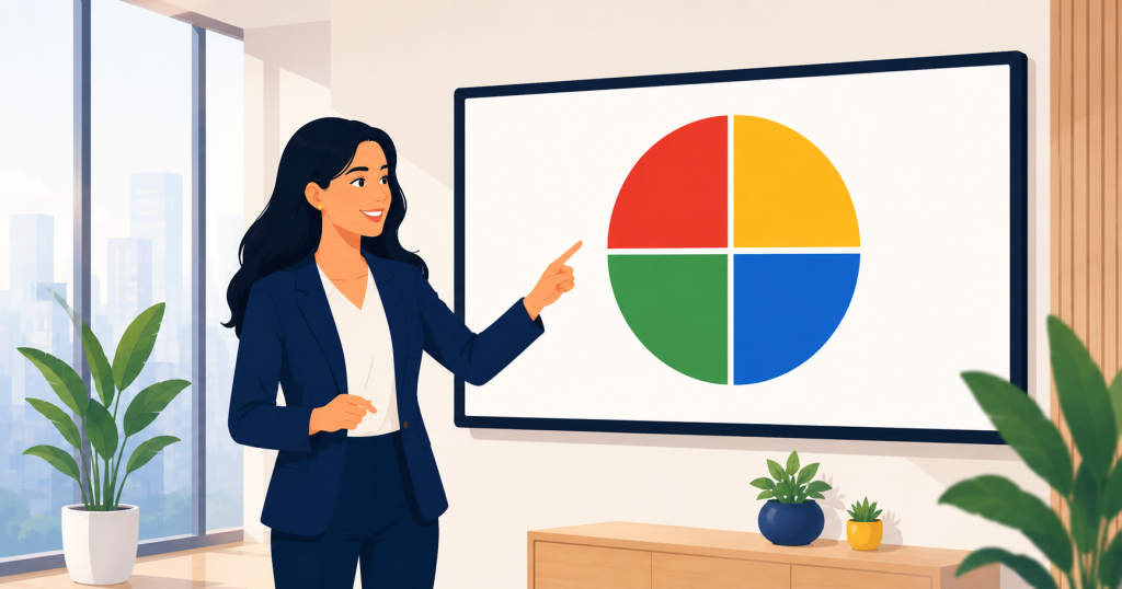 Professional presenting the Insights Discovery four color energies wheel in a modern corporate office